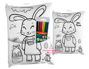 ALMOFADA PÁSCOA PARA PINTAR - COELHINHA COM BOLSO + BRINDE CANETINHA 6 CORES Tecido 100% Poliéster (microfibra) 20X30cm Personalizado Frente e Verso Sublimação  