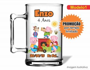 CANECA ACRÍLICA INFANTIL - 3 PORQUINHOS Poliestireno  Frente colorido Impressão no Adesivo Vinil   