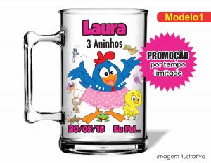 CANECA ACRÍLICA INFANTIL - GALINHA PINTADINHA ROSA Poliestireno  Frente colorido Impressão no Adesivo Vinil   