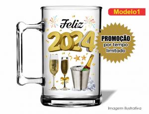 CANECA ACRÍLICA REVEILLON - FELIZ 2024 Poliestireno  Frente colorido Impressão no Adesivo Vinil  
