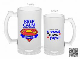 CANECA ZERO GRAU KEEP CALM QUE EU TENHO UM SUPER PAI Vidro Jateada 475ml  Sublimação  