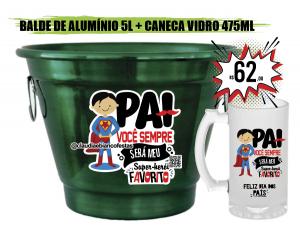 KIT BALDE DE GELO EM ALUMÍNIO + CANECA DE VIDRO JATEADA DE  475ML - VOCÊ SERÁ SEMPRE MEU SUPER-HERÓI FAVORITO Balde de Gelo em Alumínio Pintura Eletrostática + Caneca Vidro Balde de 5 Litros / Caneca 475ml    