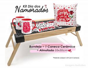 Kit Bandeja + Caneca + Almofada - Feliz dia dos Namorados Bandeja madeira maciça de pínus Almofada 33x30cm  Bandeja personalizado com adesivo + Caneca Cerâmica  Tramontina