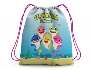 SACOCHILA TEMÁTICA BABYSHARK Tecido 100% Poliéster (oxford)  Personalizado Frente e Verso Sublimação Cordão em Nylon 