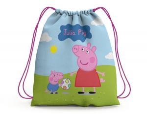 SACOCHILA TEMÁTICA PEPPA PIG Tecido 100% Poliéster (oxford)  Personalizado Frente e Verso Sublimação Cordão em Nylon 